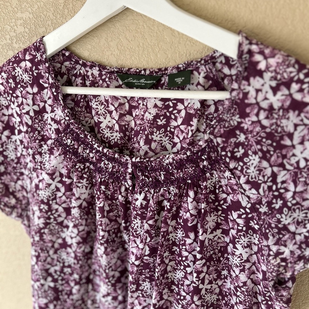 Eddie Bauer 100% Cotton Purple and White Floral Blouse Size M Cottagecore - Picture 2 of 8